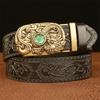 Belt Genuine Leather Belt for Men Carving Flower Pattern Gold Automatic Buckle Belt Strap for Jeans