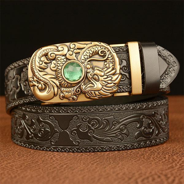 Belt Genuine Leather Belt for Men Carving Flower Pattern Gold Automatic Buckle Belt Strap for Jeans