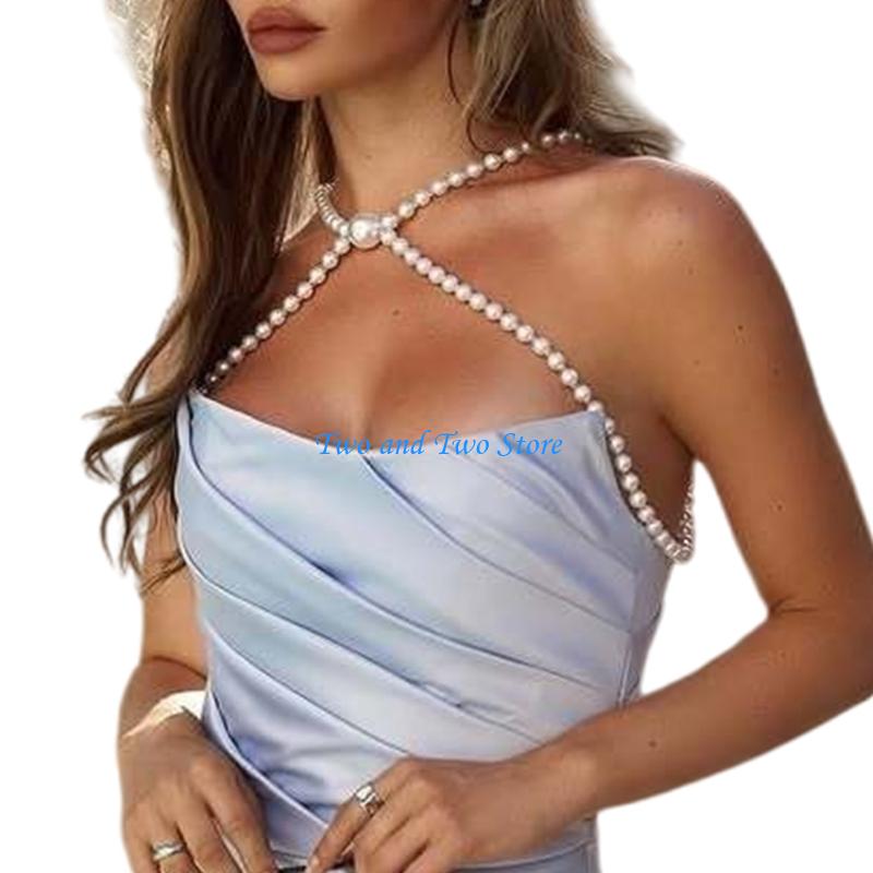 HX6F Shoulder Chain With White Imitation Pearls Lightweight Alloy Jewelry Neck Chain For Wedding Vacation Prom Event белый