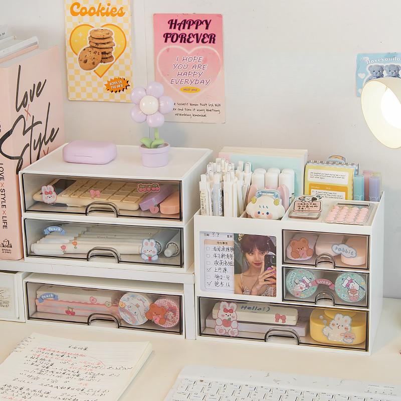 Desktop Storage Box Organizer Desk Pen Holder Transparent Stationery Drawer Storage Rack Multi-functional Student Organizing Box