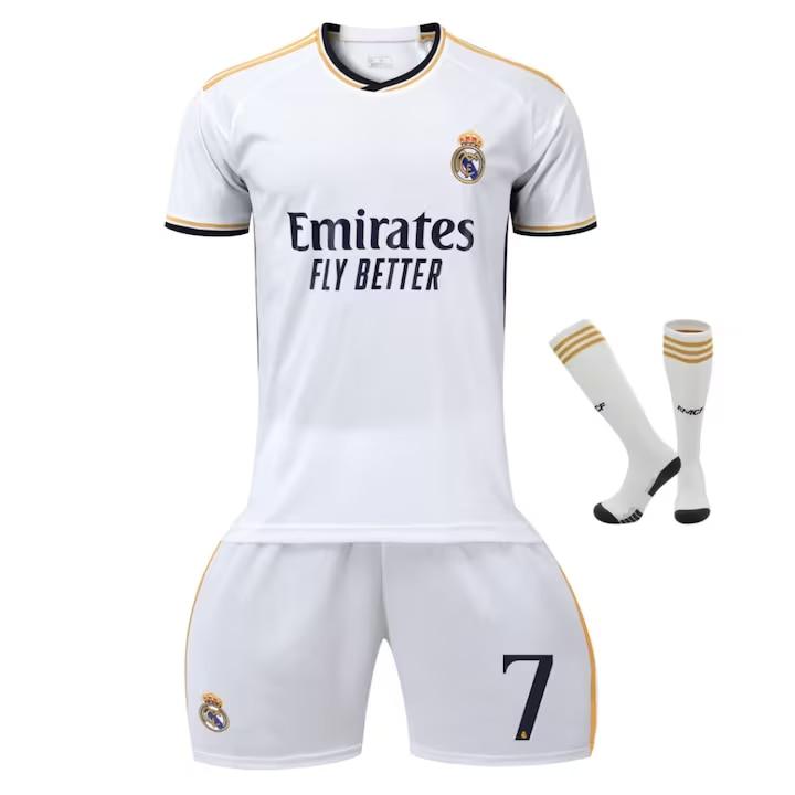 Real Madrid Ronaldo 7 Kids Soccer Jersey Set White Short Sleeve Shirt Shorts Socks Youth Football Kit Gift