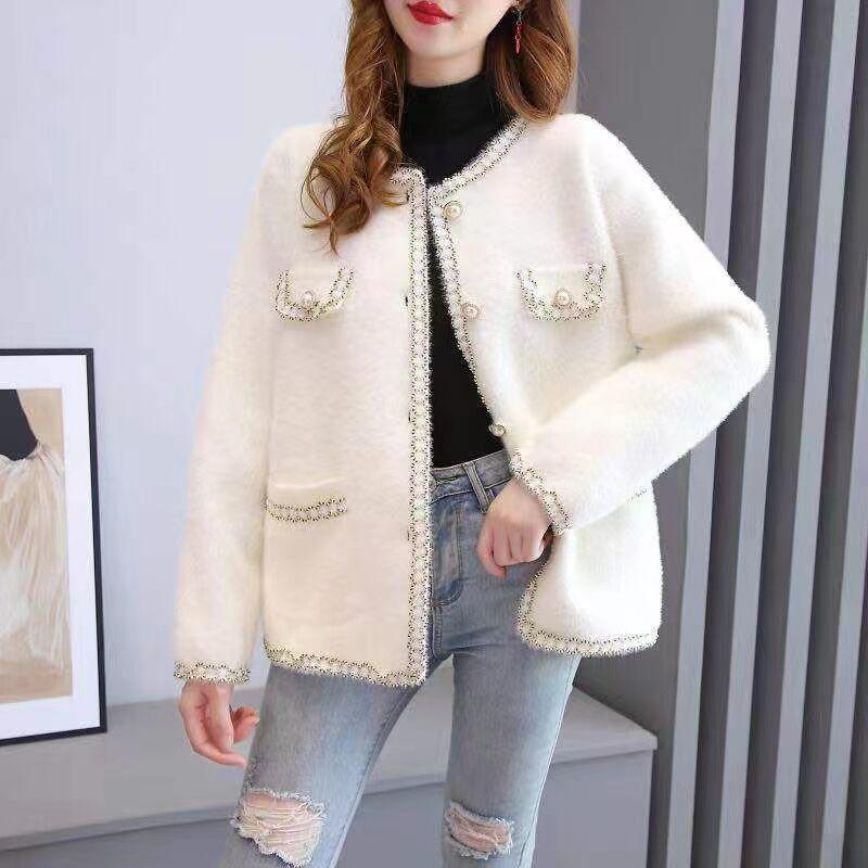 Autumn O Cardigan And Spring Neck Top Loose Versatile Small Fragrance Imitation Mink Fleece Sweater Knit Cardigan Jacket Women