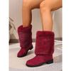Women's Furry Patchwork Chunky-Heel Round-Toe Western Cowboy High Boots, European Style, Available In Large Sizes.