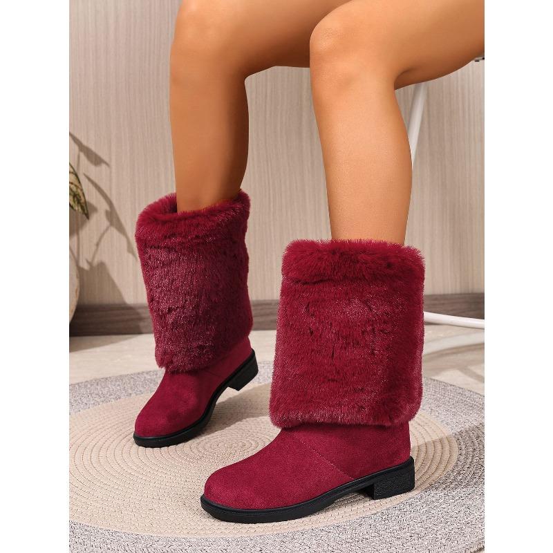 Women's Furry Patchwork Chunky-Heel Round-Toe Western Cowboy High Boots, European Style, Available In Large Sizes.