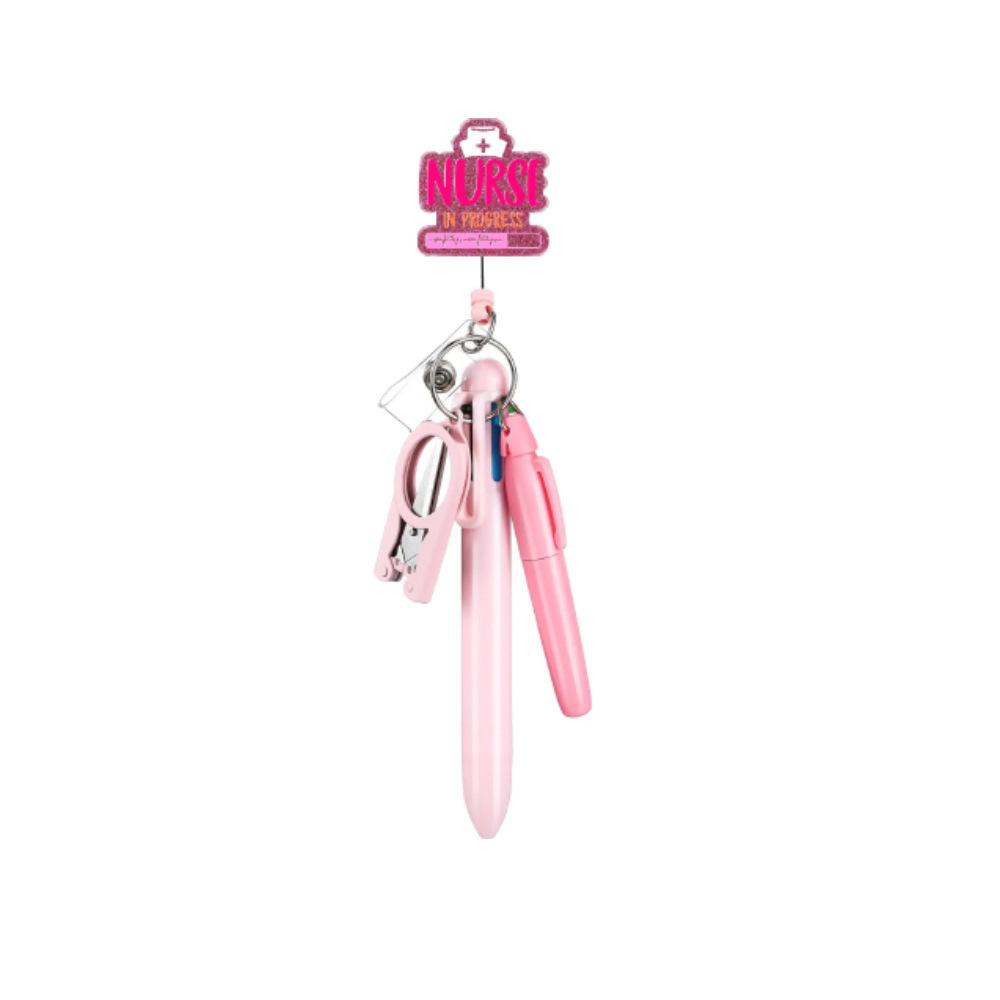 5Pcs Nurse Pen Set Nurse Badge Accessories Mini Retractable Ball Pens Highlighter Badge Clip LED Keychain Folding Scissors