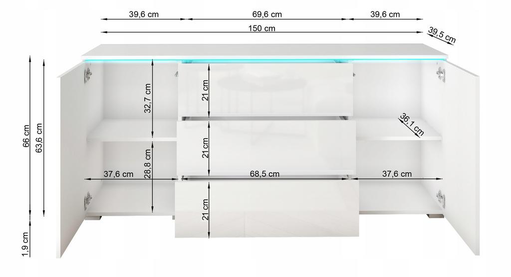 Modern 150cm Chest of Drawers for the Living Room, 3 Drawers, 2 Cabinets, Wotan, White Gloss