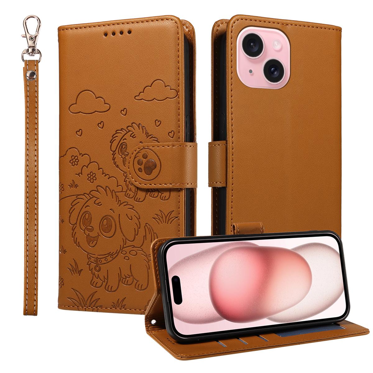 

For iPhone 15 Case RFID Blocking Imprinted Dog Pattern PU Leather Phone Cover with Wrist Strap Brown