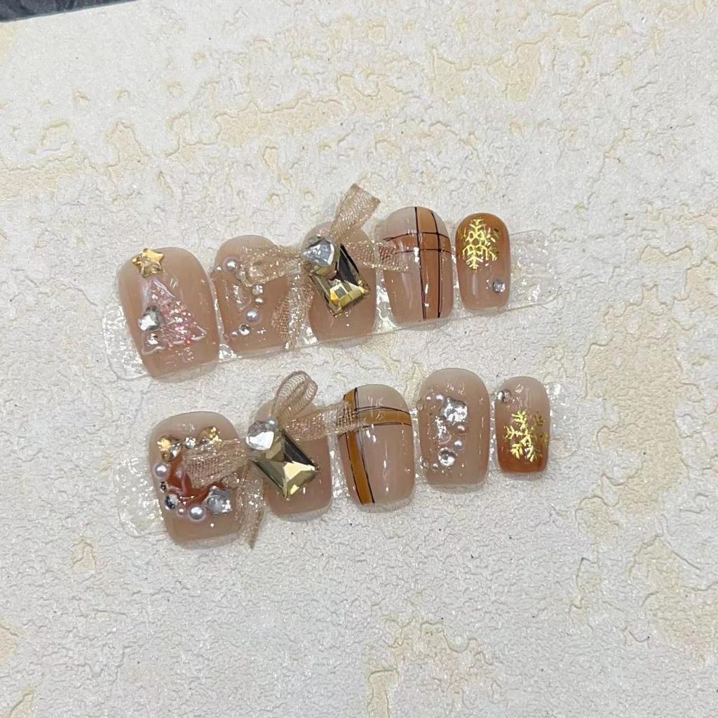 Christmas Nail Art Wear Nail Handmade Light Luxury Style Cute Wish Christmas Tree Ribbon Bow Handmade Manicure