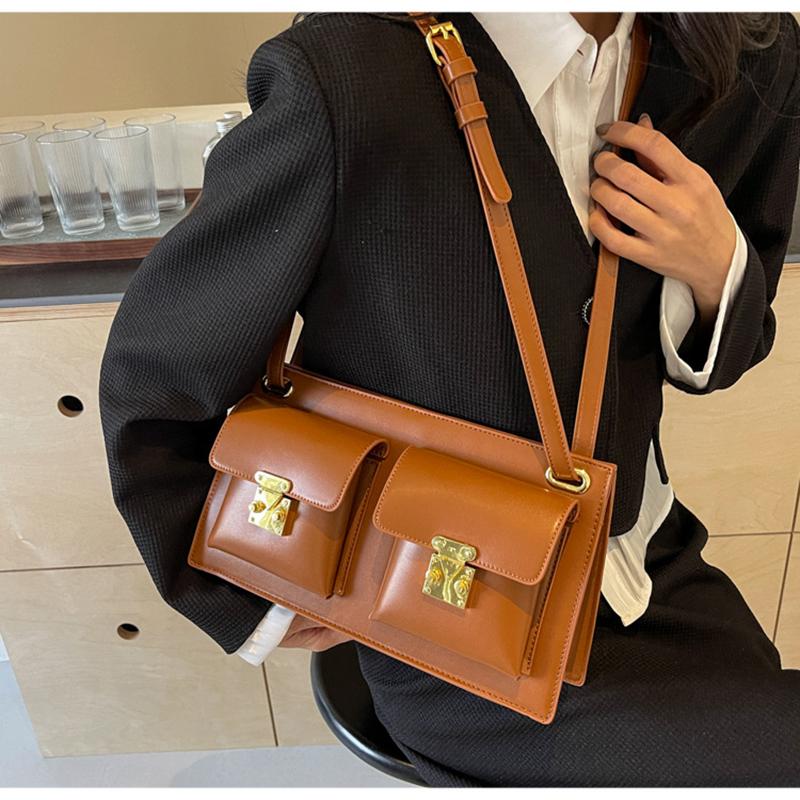 New Double Pocket Underarm Bag For Women Unique Design Retro Lock Buckle Single Shoulder Solid Color PU Crossbody Bag Trend