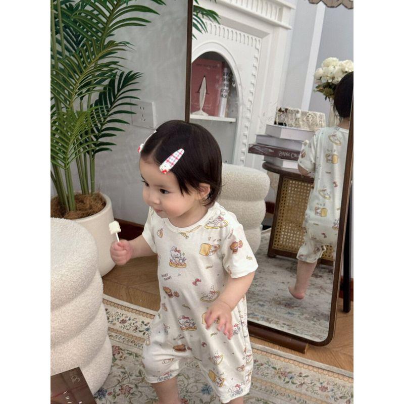 Cute Cartoon Cat Print Short-Sleeved Modal Romper for Infants and Toddlers in Summer