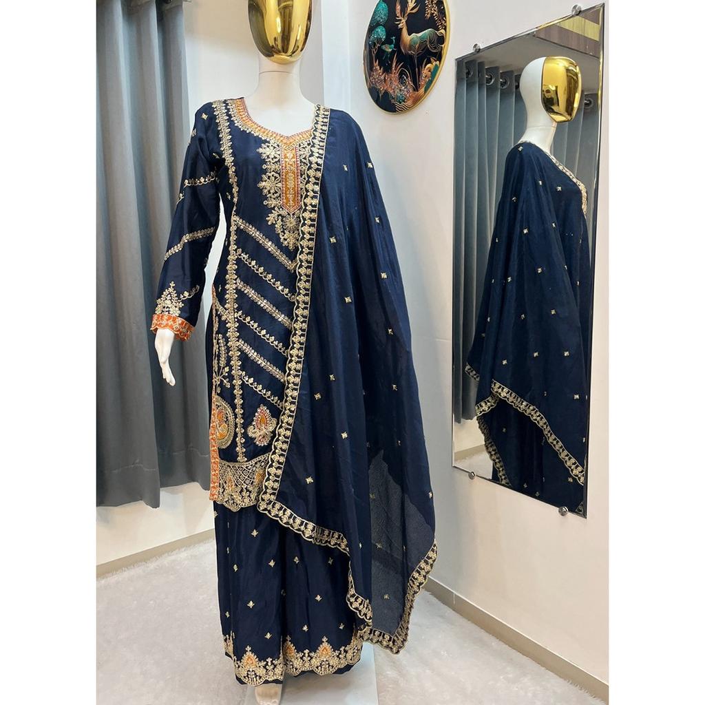 Pure Chinon Silk Pakistani Palazzo Suit Indian Bollywood Designer Salwar Kameez