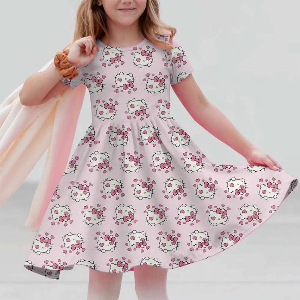 New Summer Dress Fashion Cartoon Cute Hello Kitty 3D Print Dresses Kids Short Sleeve Princess Girls Party Children Clothes