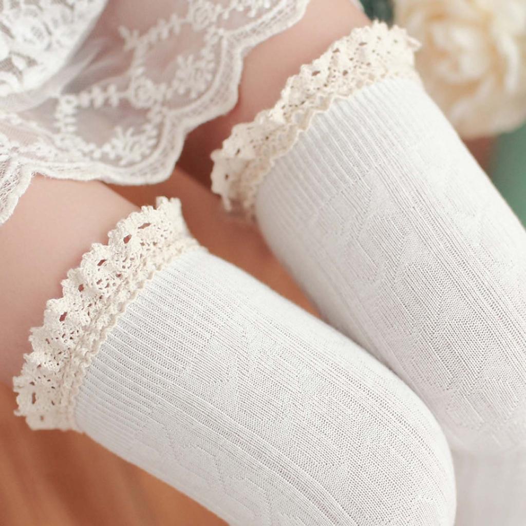 Women Lady Warm Cotton Thigh High Long Stockings Knit Over Knee Lace Socks