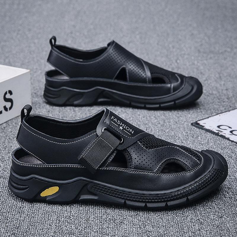 Sandals Men's Summer Leather Breathable Bag Head Mesh Outdoor Leisure Hole Shoes Trendy Roman Non-slip Beach Shoes Men's
