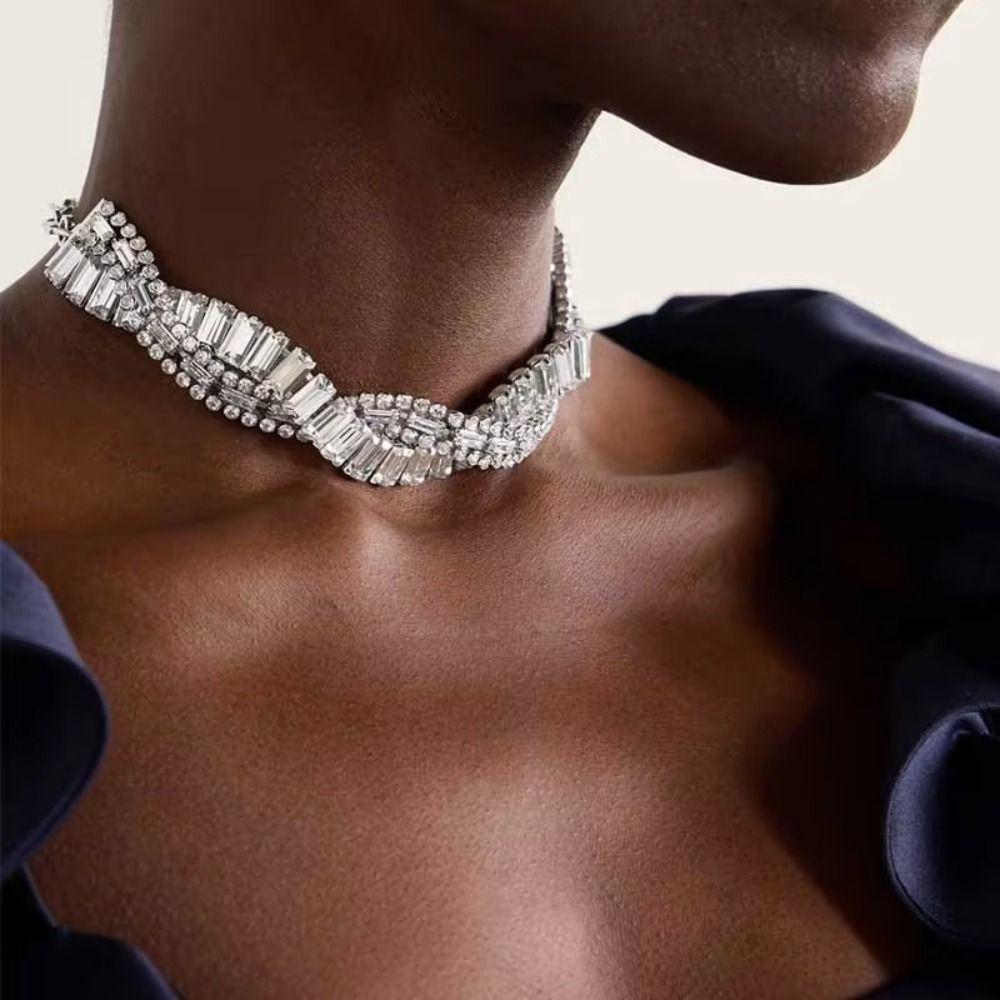 Multi-Row Geometric Crystal Choker Necklaces Luxury Trendy Weave Necklaces Fashion Accessories