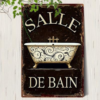 Piatto 2D - Cartello da Parete in Metallo Vintage - Design Vasca da Bagno Floreale "Salle de Bain", Placca in Ferro Rustico 8x12 Pollici per Casa, Bagno, Caffetteria