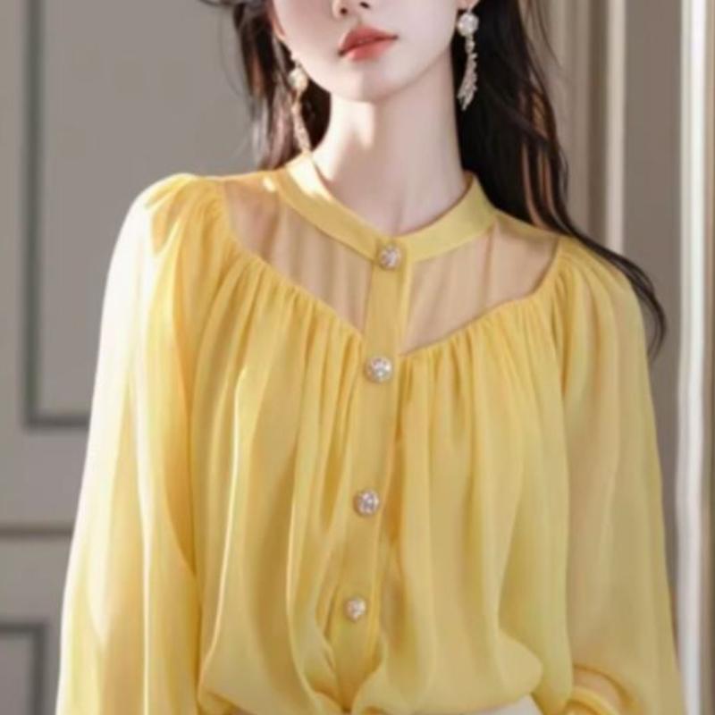 Yellow Charming Chiffon Blouse Women's Autumn Light Luxury High-End Unique Beautiful Fairy-Like Top
