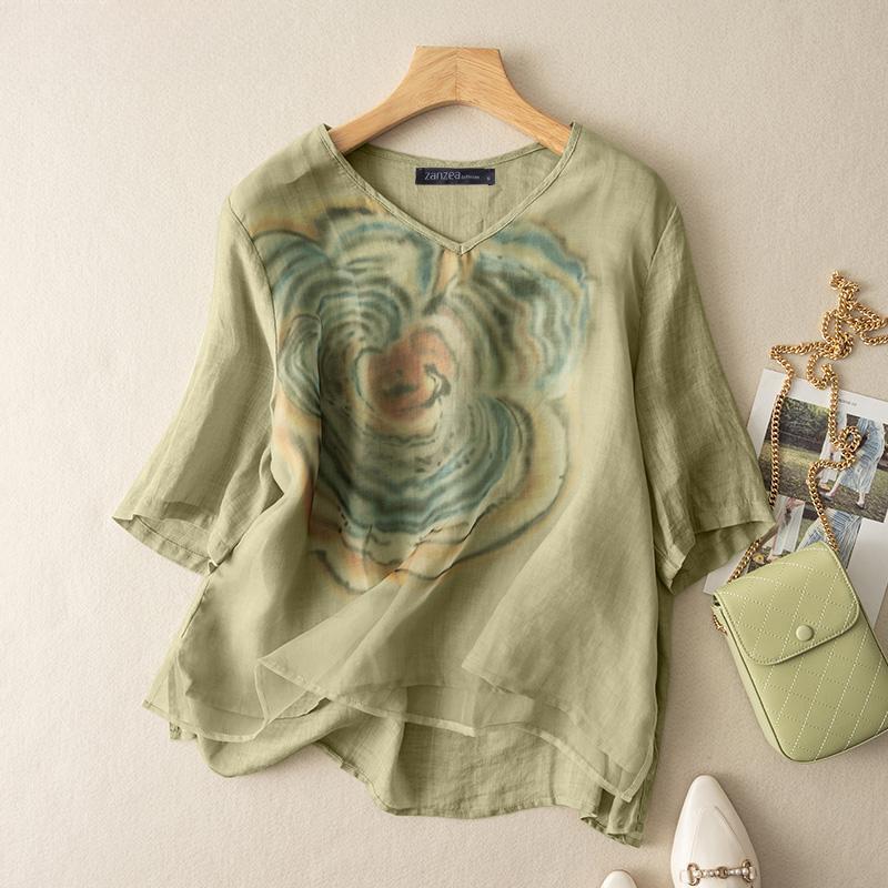 

Женская повседневная летняя блузка с v-образным вырезом и рукавом 3/4, топы с принтом 3XL зелёный