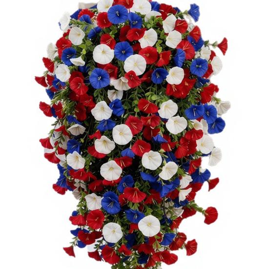 Artificial Red White Blue Flowers, Patriotic Hanging Flowers, UV Resistant Artificial Morning Glory Flowers, Fake Greenery Garland for Home Porch Yard