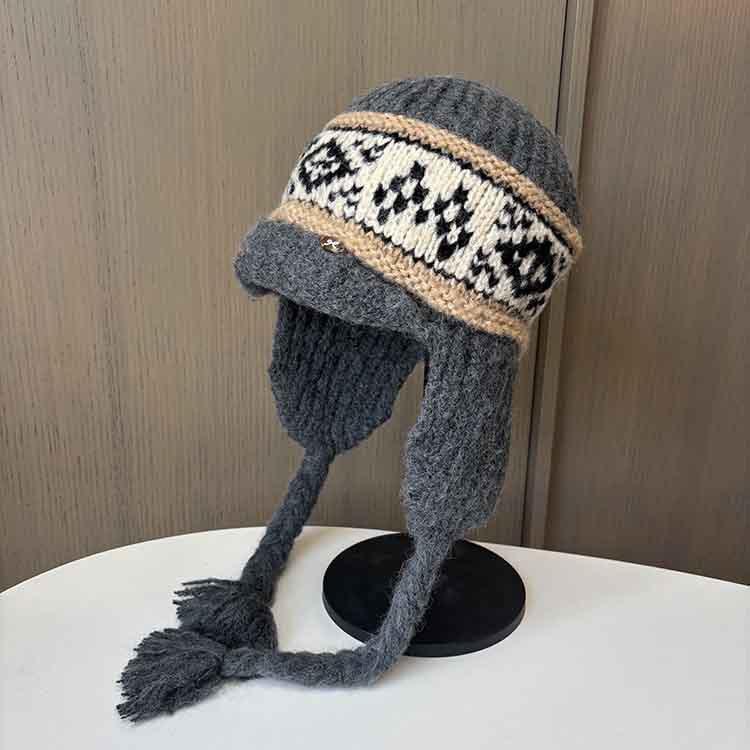 Шерстяная вязаная шапка в ретро-стиле Fair Isle с жаккардовым узором, утолщенная, с защитой ушей, универсальная, для большого обхвата головы, шапка-ушанка M（56-58cm） серый