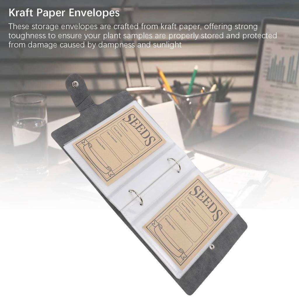 Plant Sample Organizer PU Leather Book and 50 Resealable Kraft Paper Envelopes for Vegetable Flower 