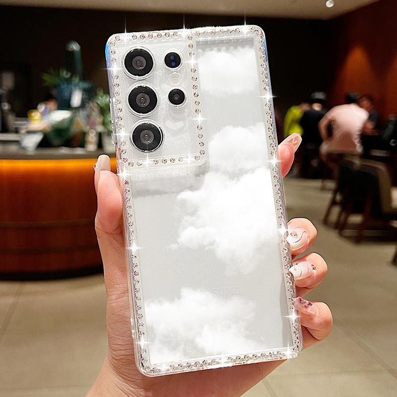 

Прозрачный чехол для телефона с ромбовидной рамкой для Samsung S25 S24 FE S23 Ultra S22 A56 A16 A36 A15 A55 Узор облака Мягкий силиконовый противоударный бампер Samsung S25