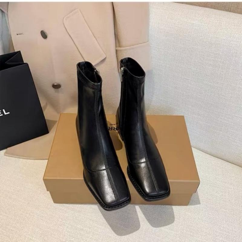 Women Autumn Vintage Square Toe Ankle Boots Soft Leather Elastic Slim Chelsea Boots Fashion Zipper Casual Short Boots