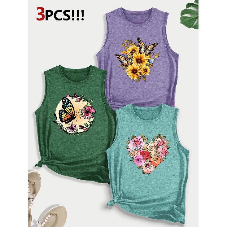 Sunflower and Butterfly Combination Gift Print Pattern Round Neck3Pack of Sleeveless Vests for Women In Spring, Summer, and Autumn