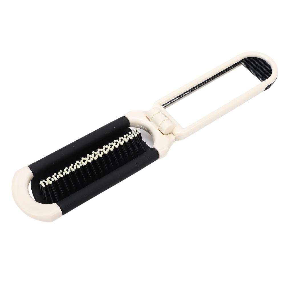 Folding Hair Brush with Mirror Portable Lightweight Pocket Size Massage Comb Hair Brush for Travel Cream White