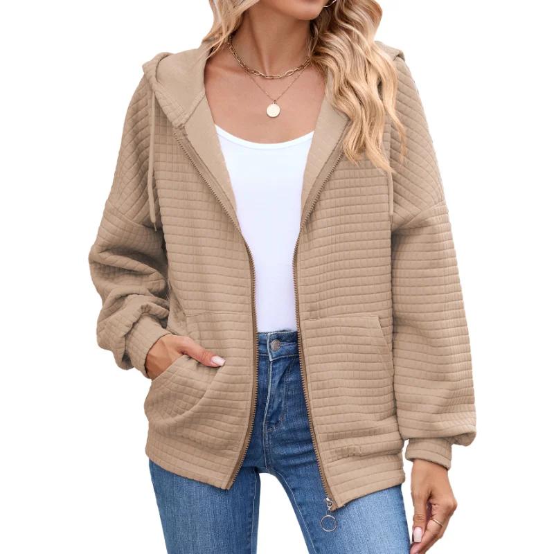 Autumn Winter Solid Color Zipper Long Sleeve Hooded Pocket Hoodies for Women Fashion Sweatshirt Coat