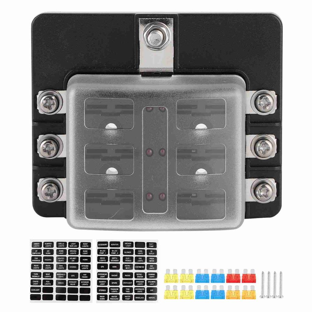Fuse Holder PBT Box 6 Way Block Board with LED Indicator for Car Marine Boat Yatch