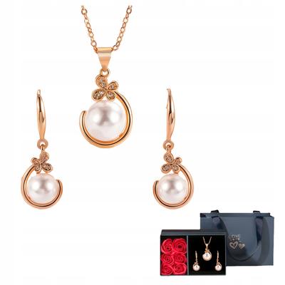 Jewelry Set: Gold Butterfly Pendant, Crystals, Pearl Earrings