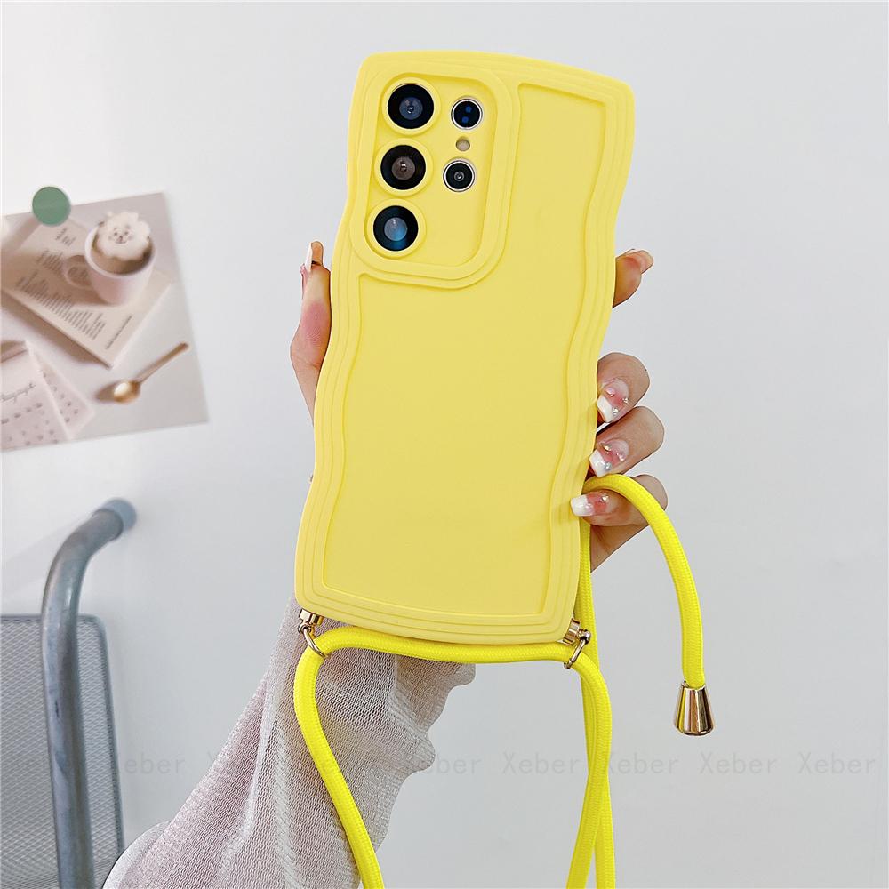 Śliczne kręcone fale naszyjnik na krzyż smycz przewód liny silikonowe etui do Samsung S23 S22 Ultra S21 S20 FE A14 A34 A54 A24 A13 A23 A33 A53 A12 A32 A52