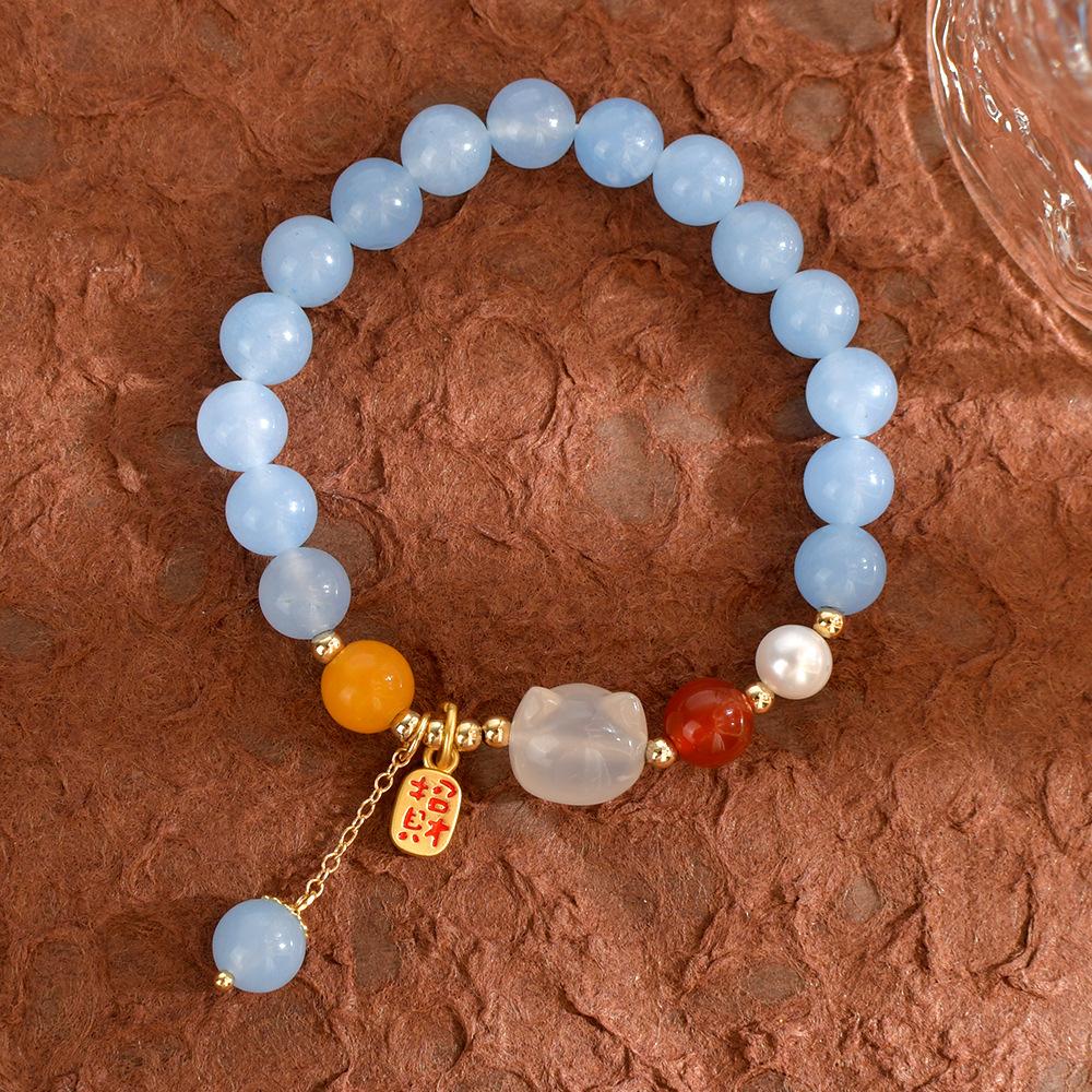 Bracelet Aquamarine Chalcedony Lychee Frozen Lucky Cat Crystal Bracelet Cute and fashionable