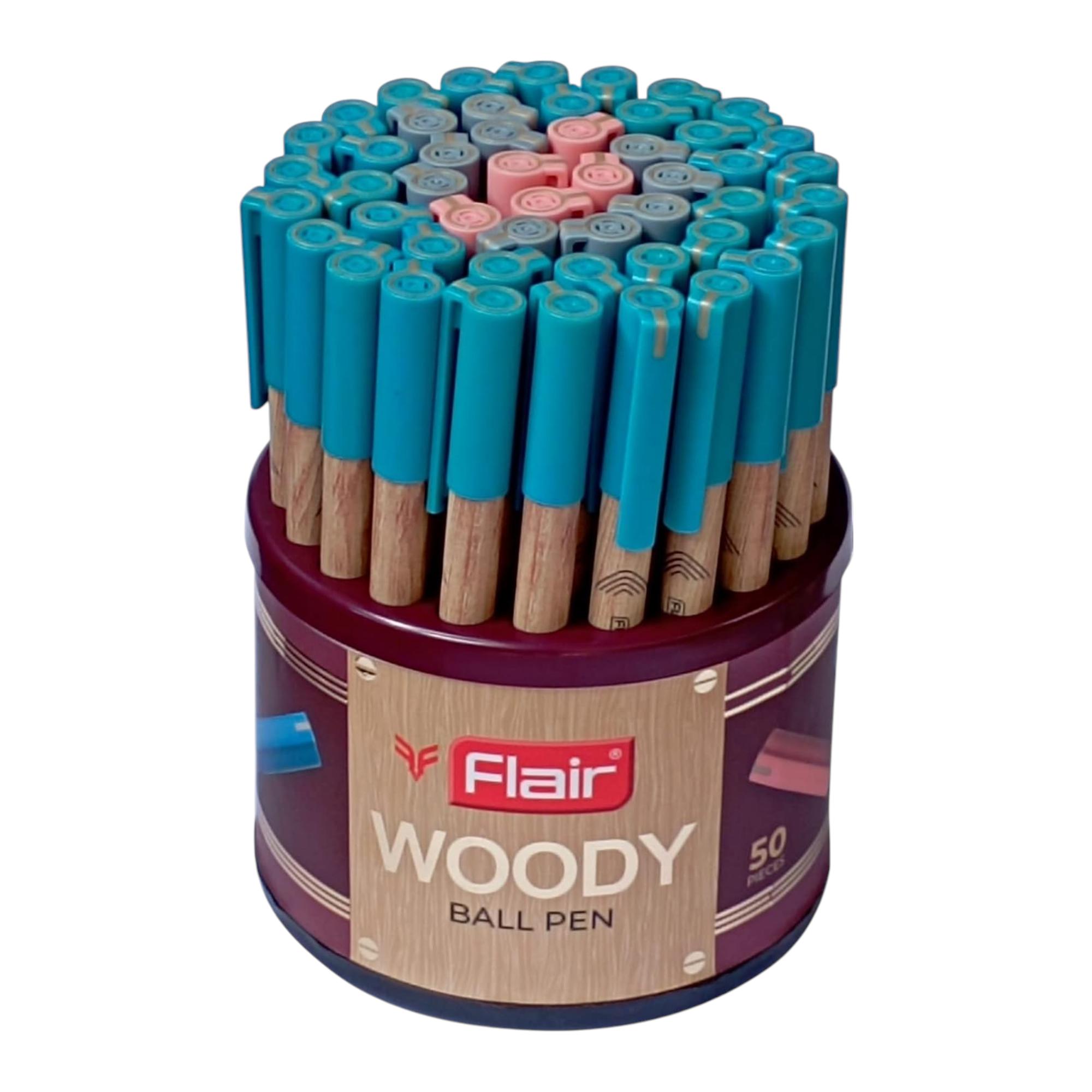 

FLAIR Woody Pack Of 50 Ball Pens Multicolor 0.7 mm Fine Tip Blue Black Red Ink Smooth Writing For Office, School & Home