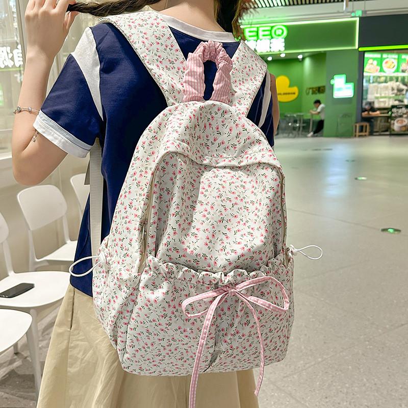 Nylon Floral Backpack For Teens With Drawstring Design For Teen Girls Daily Carry