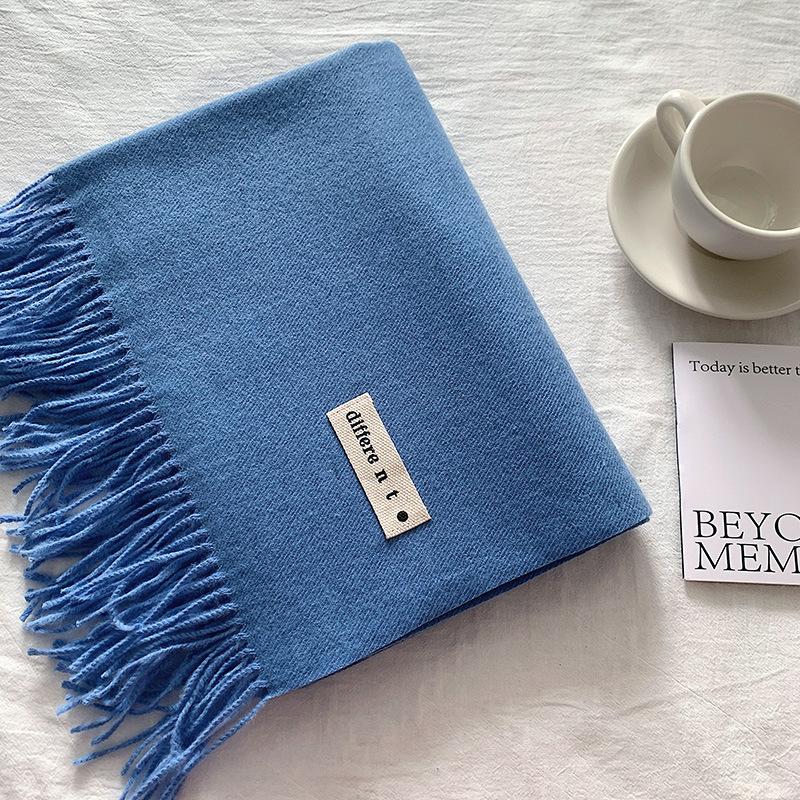 Flowing Fringe, Color-blocked, Simple Design, Faux Cashmere-like Scarf, Winter-thick, Cape-style, Student-friendly, Solid Color.
