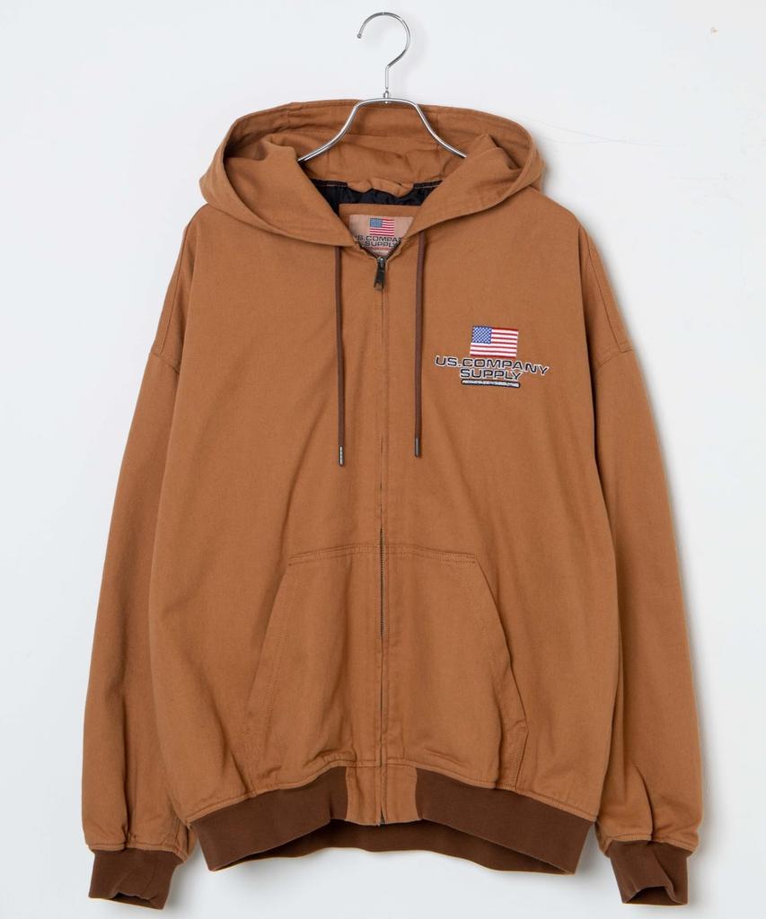 WEGO Hooded Oversized Size Brown Workers' Blouson, Outerwear, Jacket, Hoodie, Denim, Vintage, Streetwear, Silhouette, Casual, Unisex, Fall/Winter,