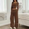 2025 European and American women's cross-border fashion casual wide-leg pants long-sleeved round neck solid color slim-fit two-piece autumn and winte
