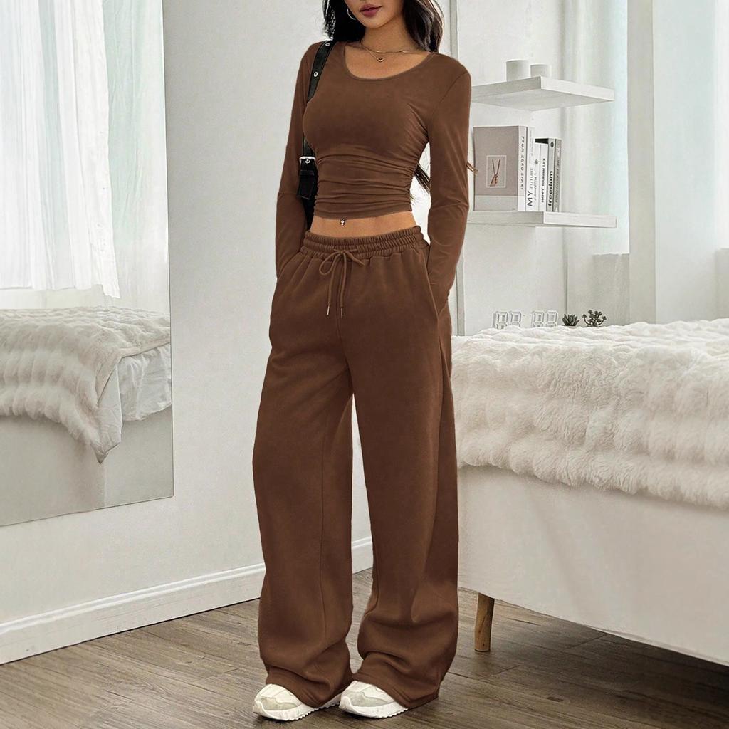 2025 European and American women's cross-border fashion casual wide-leg pants long-sleeved round neck solid color slim-fit two-piece autumn and winte