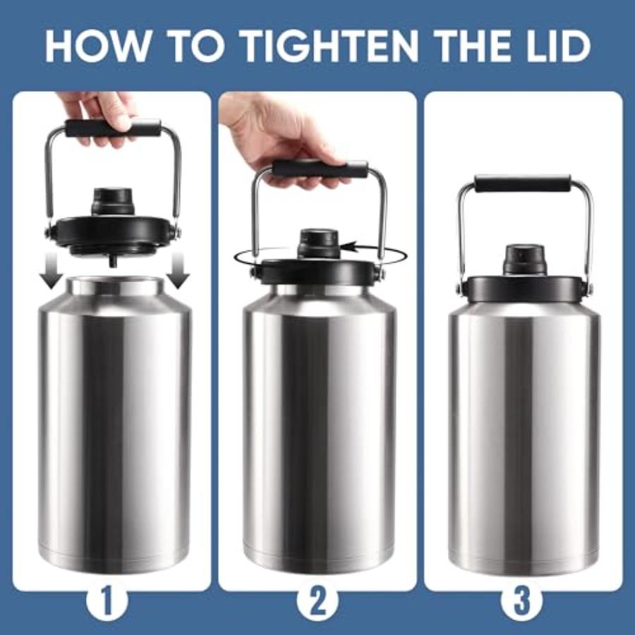 One Gallon Insulated Water Bottle for Travel: 2-in-1 Straw and Spout Lid Keep Cold 24Hrs Leakproof 128oz Water Jug With Handle