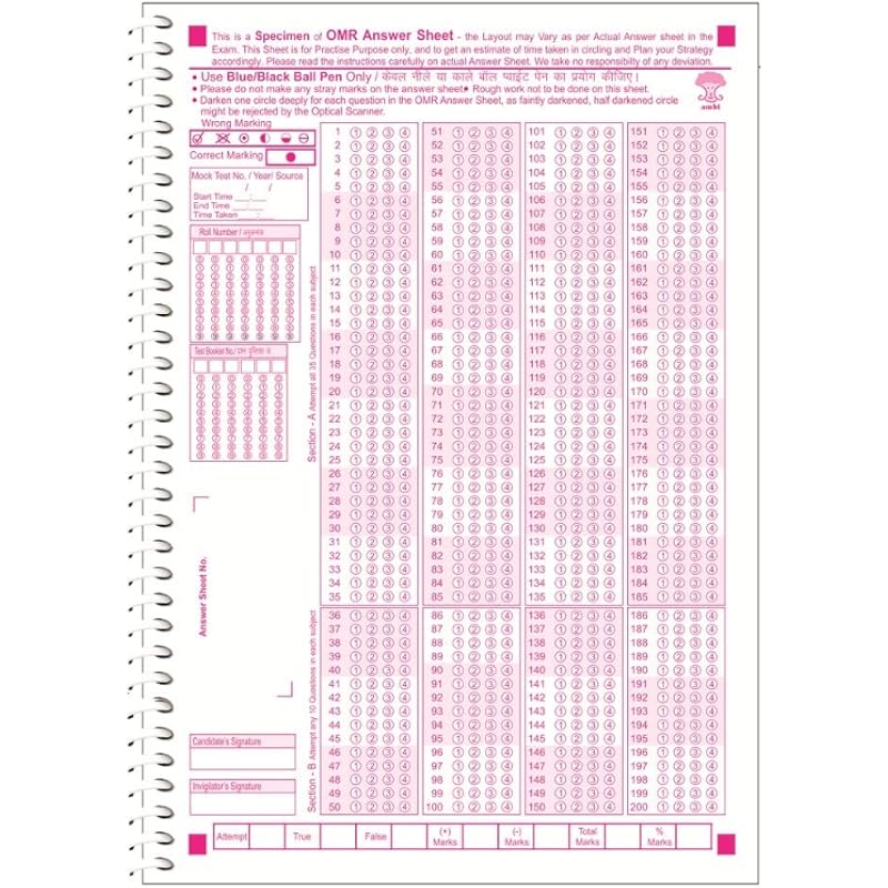 Amblitz Omr Sheet For Neet | 200 Mcq | 50 Sheets To Practice In Each Notebook | A4 Size | Pack Of 2 | New Pattern | Spir
