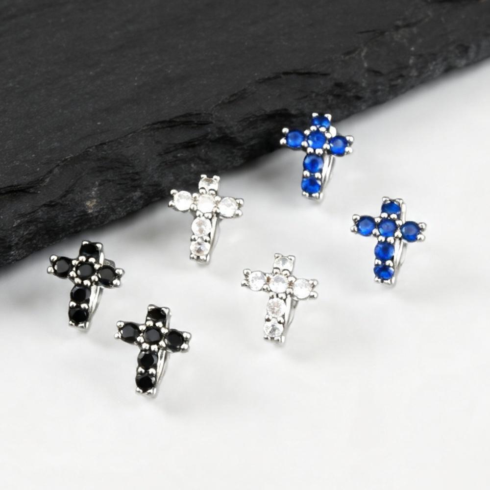 Hip Hop Cross Huggies Hoop Earring for Men Women,Blue Crystal Zircon Metal Hoop Earrings,Trendy Party Jewelry Gift for Dad Son