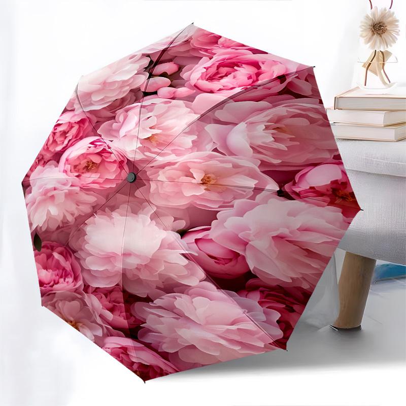 Pink Roses Automatic Folding Umbrella Compact 8 Rib Design, Unique Style, Suitable for Everyday Outdoor Use, Perfect Gift for Friends and Fa