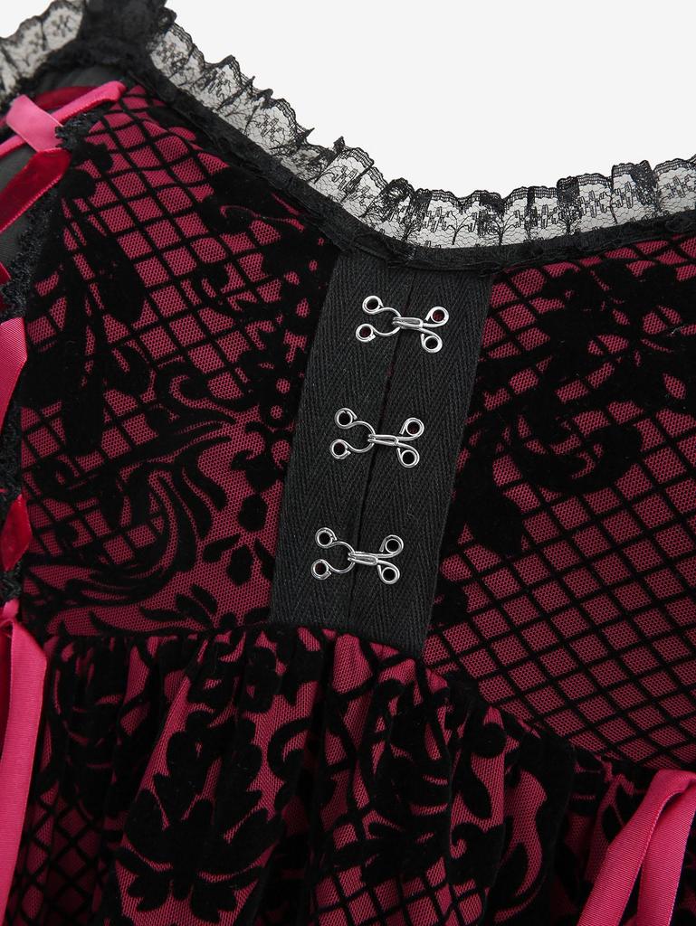 Rosegal Plus Size Plaid Floral Flocking Lace-up Asymmetrical Lace Trim Tank Top