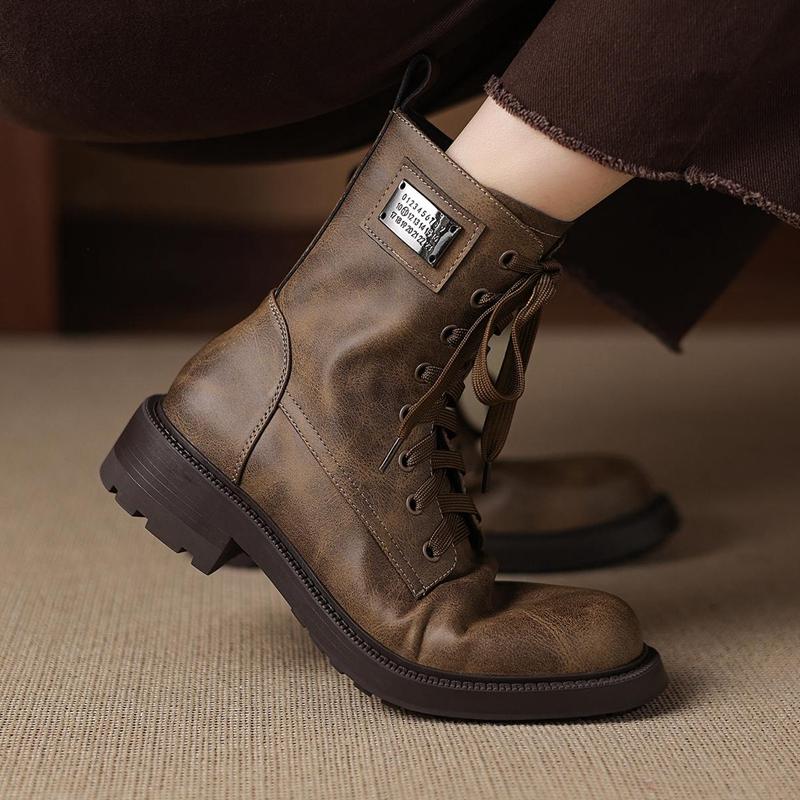 Krazing Pot Genuine Leather Winter Round Toe Western Boots Med Heels Women Cross-tied Lace Up Women Ankle Boots