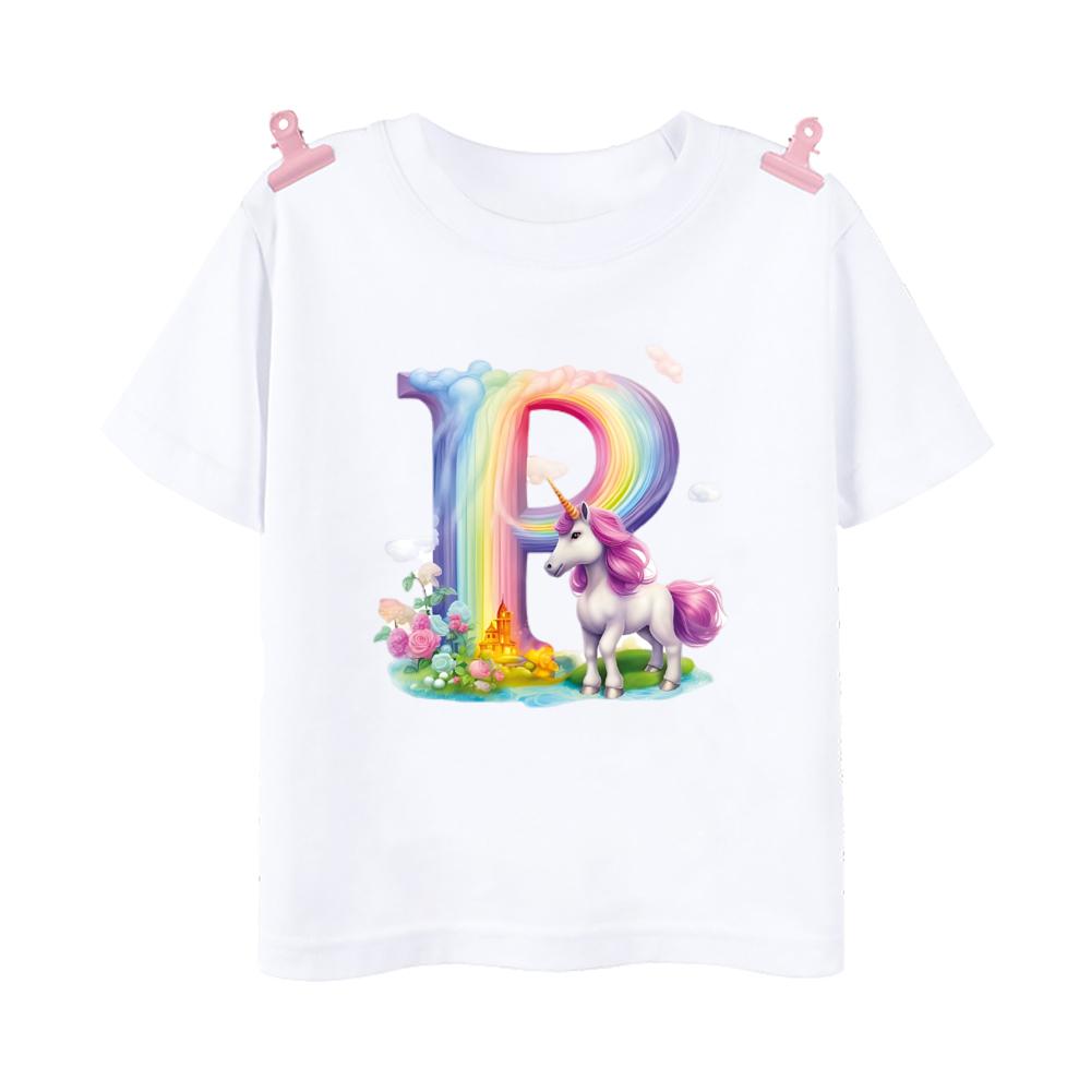 Unicorn Rainbow Initial A-Z Printed Kids Shirt Child Summer T-shirt Boys Girls Short Sleeve Tops Clothes Cute Toddles Outfit Tee
