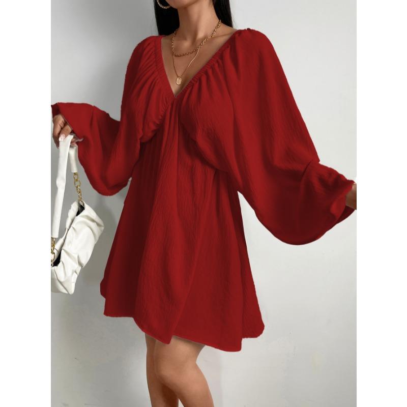 Elegant Fashion Deep V-neck Long Sleeved Women Dress Spring Summer Simple Casual Loose Sexy Solid Color A-line Party Dress Female Office Ladies