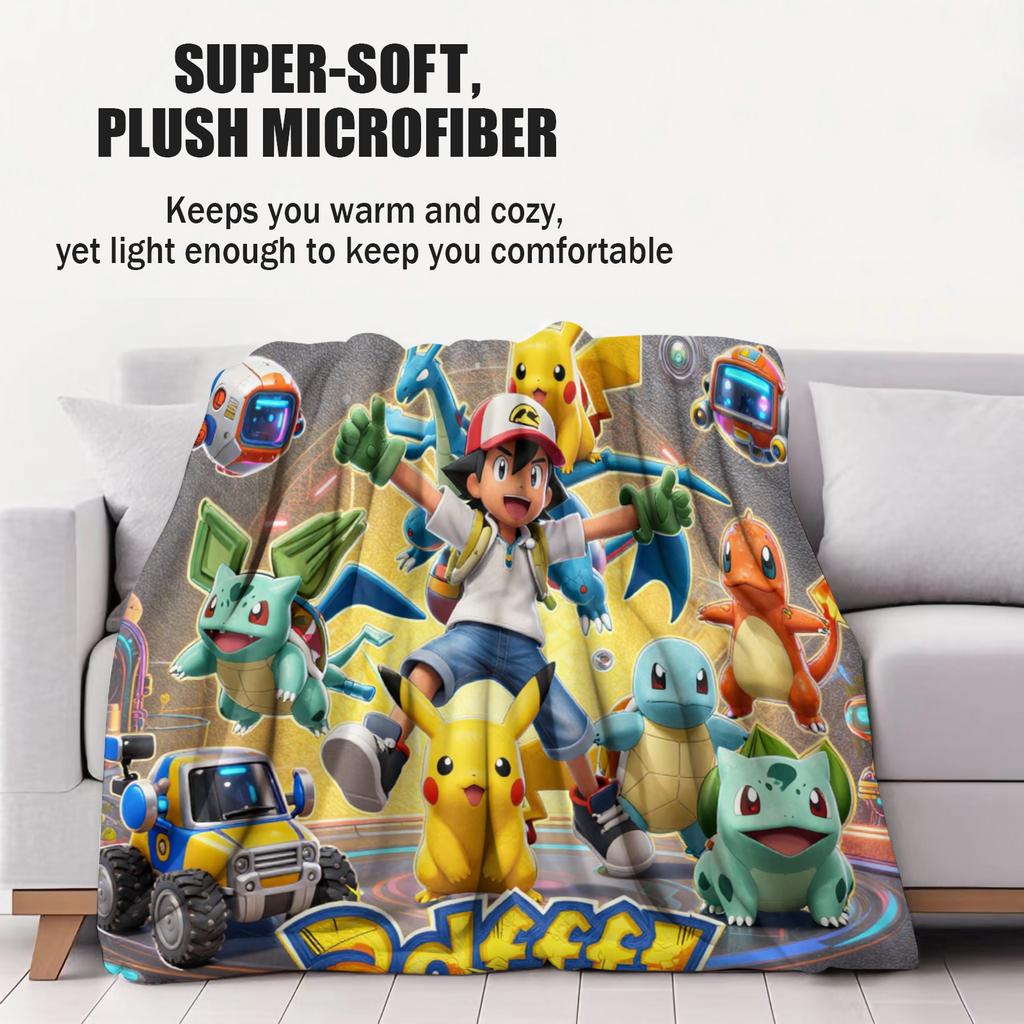 Pokemon AshPikachu Gathering Cyberpunk Theme Printed Flannel Blanket for Adult Soft Cozy Fluffy Sofa Bed Travel Camp Office
