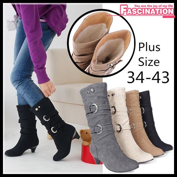 Women Fashion  Shoes Slope with Boots Leather Boots Belt Buckle Metal Boots